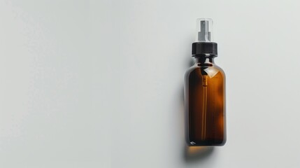 Amber glass bottle with sprayer for natural organic perfume packaging on white background.