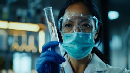 female scientist in lab with test tube, mask, ppe, researching medical innovations for pharmaceutica