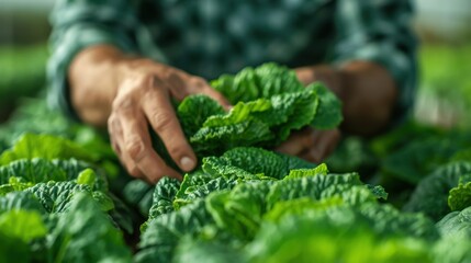 Wall Mural - A person delicately handles fresh green leafy plants in a thriving garden, showcasing care and dedication in gardening and organic farming practices.