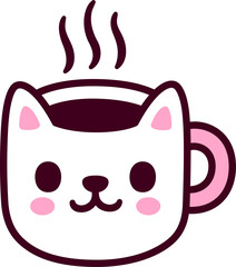 Poster - Simple doodle cat shaped coffee cup or tea mug. Cute cartoon morning hot drink icon drawing. Hand drawn illustration.