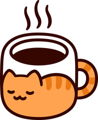 Canvas Print - Simple doodle icon of coffee cup or tea mug with kawaii ginger cat drawing. Cute cartoon morning hot drink drawing. Hand drawn illustration.