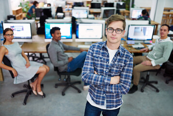 Sticker - Portrait, business people and man with arms crossed, group and graphic designers in modern office. Face, teamwork and employees with computer, cooperation and leadership with coworking and startup