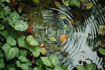 Sticker - Overhead view of a tranquil pond surface dotted with vibrant green leaves and a single water droplet creating ripples