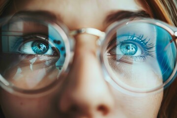 Poster - Detailed closeup of a woman's blue eyes, visible through her translucent glasses with reflections