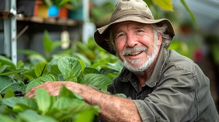 Happy farmer portrait in green house with plants 