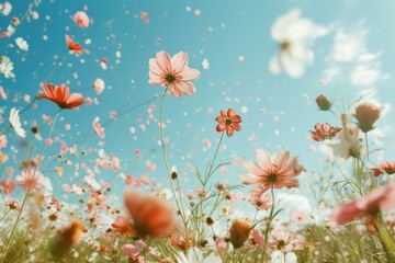 Wall Mural - Lowangle shot of vibrant wildflowers with petals floating in the breeze, under a sunny sky