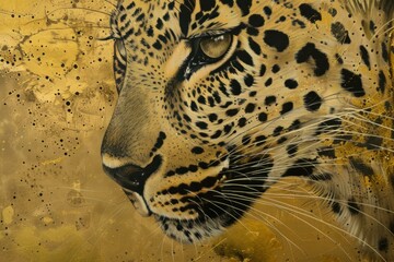 Wall Mural - Closeup of a painted leopard's face with detailed fur on a rich golden backdrop