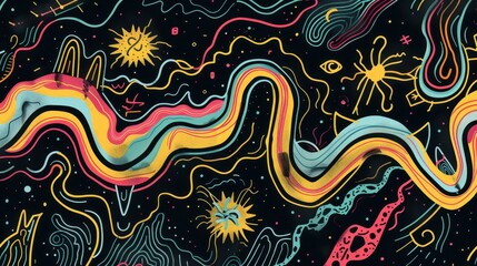 Wall Mural - Abstract Cosmic Pattern with Wavy Lines and Celestial Bodies