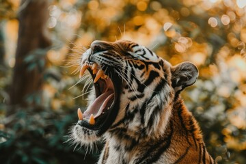 Sticker - Closeup of a fierce tiger midroar amidst an autumnal forest backdrop