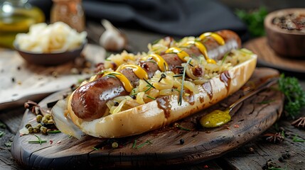 A hearty German bratwurst with sauerkraut and mustard, served on a rustic wooden board. Restaurant food menu