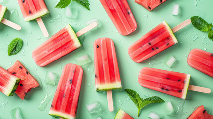 Sticker - Enjoy cold watermelon popsicles on a trendy Savannah green background. Perfect for refreshing yourself on a hot summer day.