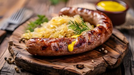 Wall Mural - A hearty German bratwurst with sauerkraut and mustard, served on a rustic wooden board. Restaurant food menu