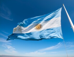 Wall Mural - Argentinean flag on a clear blue sky background. Blue and white National symbol of Argentinean culture and patriotism.