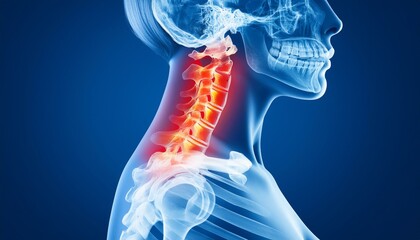 An X-ray of the human spine against a blue background. The neck spine highlighted in yellow-red indicates areas of concern. Depicting medical examinations for spinal injuries