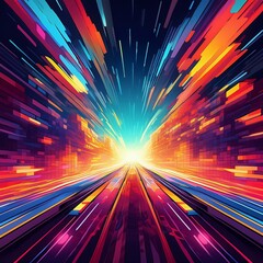 Wall Mural - Energetic pixel art explosion at light speed, characterized by colorful, streaking lights and a nostalgic 8-bit design