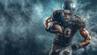 © Mirador - Dynamic action shot of a muscular American football player running with the ball through a smoky field. Suitable for sports advertising, athletic promotions, and competitive sports imagery.