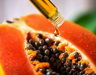 Wall Mural - papaya essential oil drop close-up. Selective focus