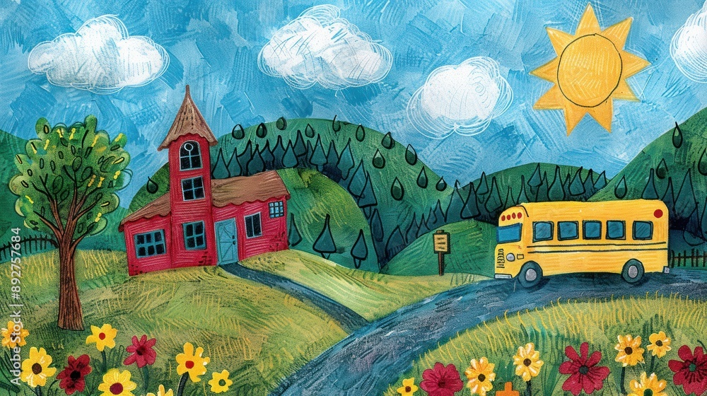 Countryside School Rural Serene countryside: red school building and school bus surrounded by ...