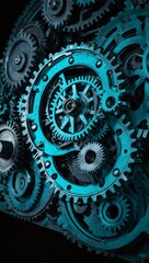 Wall Mural - Futuristic digital backdrop with teal-colored gears and cogs on a black base