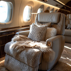 Beautiful Interior of luxury private jet, airplane with wide comfortable chairs