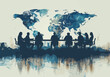 © Perfect Vector - Global Trade and Investment Meeting, Business Team Roundtable Discussion with World Map, Strategy Planning in a Corporate Setting, Minimalistic Business Vector Illustration