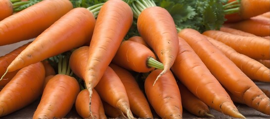 Wall Mural - Pile of orange carrots with green leaves. Fresh vegetables background