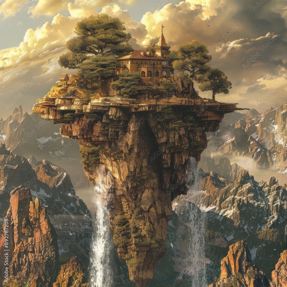 Fantasy floating island with medieval castle surrounded by lush trees ...