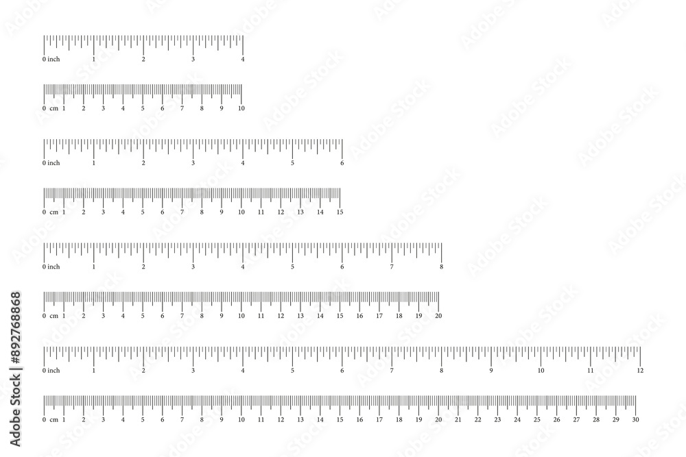 Set of scale, ruler with 10, 15, 20, 30 centimeter, 4, 6, 8, 12 inches ...