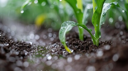 A close-up image of raindrops dripping onto young plants in fertile soil, illustrating the natural cycle of growth and the essential role of water in agriculture and ecosystem sustainability.