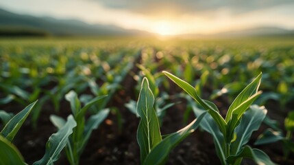 An image capturing sunrise over a flourishing crop field, symbolizing agricultural prosperity, the promise of a new day, and the bounty of nature that sustains human life and growth.