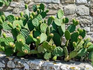 Wall Mural - Southwestern Beauty: Prickly Pear Cacti Basking in the Sunlight Against Stone Wall