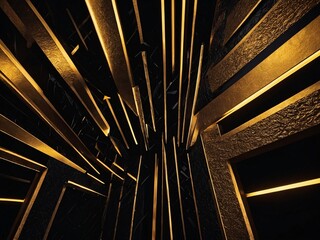 Wall Mural - Gold neon lights illuminate abstract black geometric shapes against textured background