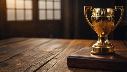 Golden trophy for champion showcased on wooden table