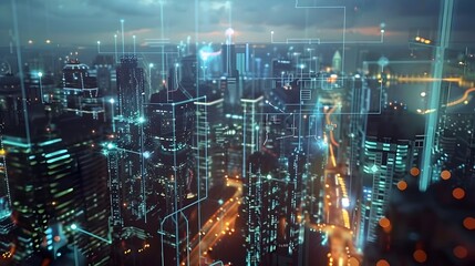 Wall Mural - Futuristic Skyline of a Digitally Transformed Smart City at Night