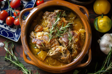 Wall Mural - caldeirada de cabrito of braised goat meat and churico with a little piri-piri on table, top view