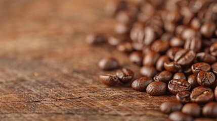 A close view of richly roasted coffee beans scattered on a wooden surface, showcasing the beans’ rich textures and deep brown tones, ideal for coffee themes.