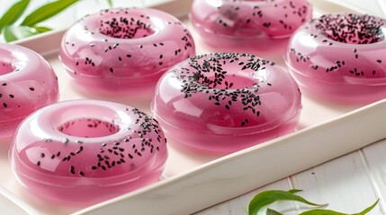 Pink Colorful Jelly Donuts with Black Seeds and Leaves on White Table