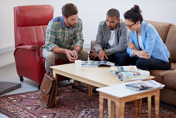 Poster - Business people, collaboration meeting and discussion in office for creative project, planning and catalog. Coworking, chat and brochure for design inspiration, font and color scheme for print media