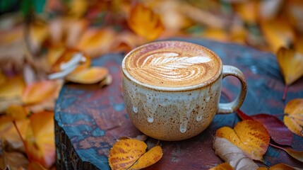 Pumpkin spice latte art with autumn leaves