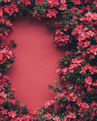 Wall Mural - Beautiful floral arrangement with vibrant pink flowers surrounding an empty central space perfect for text or photo personalization