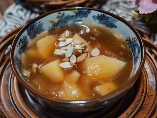 Delicious Cantonese Sweet Soup: Pear, White Fungus, and Almond in a Chinese Bowl