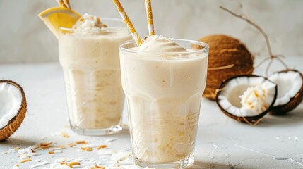 Sticker - Alcohol free tropical drink with coconut milk served in glasses with straw on white background