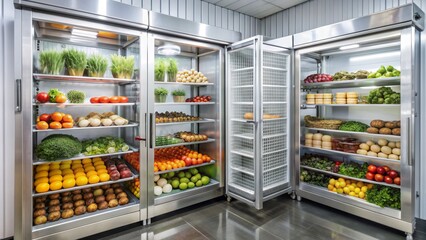 Stainless Steel Refrigerators Filled with Fresh Produce, fruits, vegetables, cheese, food storage, commercial kitchen