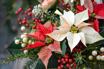 Wall Mural - Festive Winter Floral Arrangement with Poinsettias, Holly, and Pine for Holiday Decorations