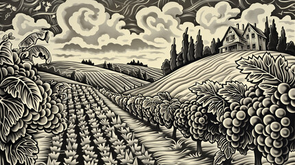 Poster - A vintage woodcut-style illustration of vineyards