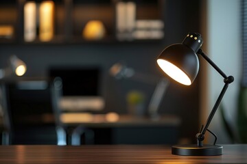 close-up image, Modern stylish dark workspace tabletop with table lamp, decor and copy space for display