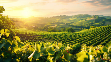 Wall Mural - Beautiful vineyard landscape with hills and sunlight