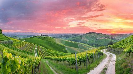 Sticker - A panoramic view of vineyards in the hills of Monferrato Italy