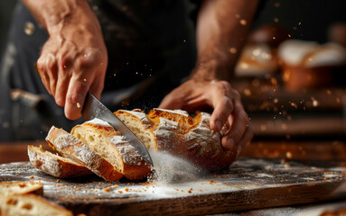 Close up man hands cutting fresh bread loaf with bread knife, high shutter speed capturing crumbs flying from freshly baked crusty. Bread cooking, small business food industry, healthy eating concept