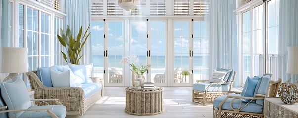 A bright and airy living room with a coastal theme, featuring light blue accents, wicker furniture, and large windows with a view of the ocean.